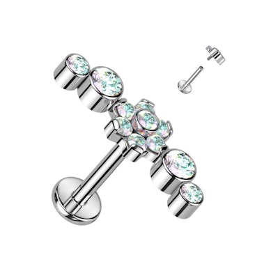 Titanium labret met bloem en CZ stenen
