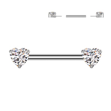 Titanium tepel barbell met hartvormige CZ stenen