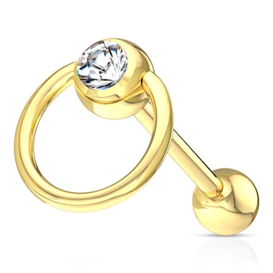 Vergulde tongpiercing met ring en doorzichtig steentje