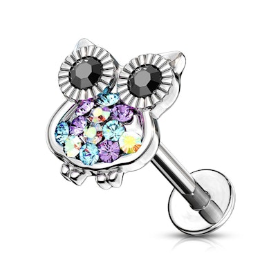 Labret met steenbezette uil met inwendig schroefdraad