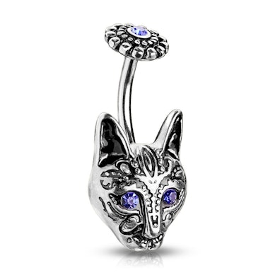 Navelpiercing met blauwogige tribal kat