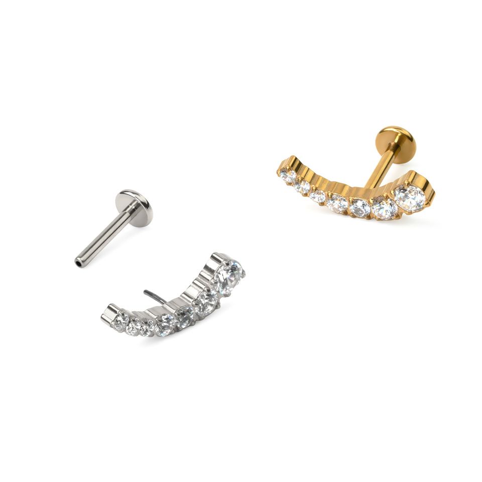 Titanium push-in labret met gebogen top en steentjes