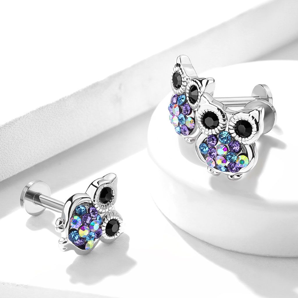 Labret met steenbezette uil met inwendig schroefdraad