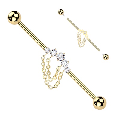 Titanium industrial barbell met steentjes en kettingen