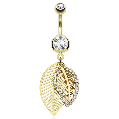 Vergulde navelpiercing met een bladerenhanger