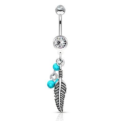 Navelpiercing met turquoise balletjes en bladerenhanger