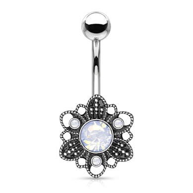 Navelpiercing met geoxideerde bloem met steen uit opaliet