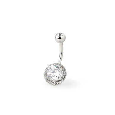 Navelpiercing met grote, fonkelende steen met vele vlakken