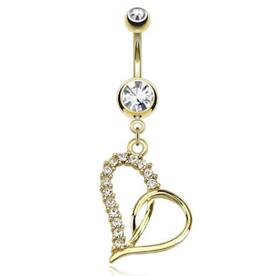 Vergulde navelpiercing met hart en steentjes
