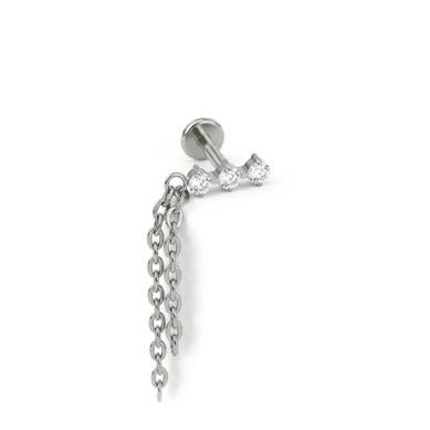 Titanium labret met trio van steentjes en dubbel kettinkje