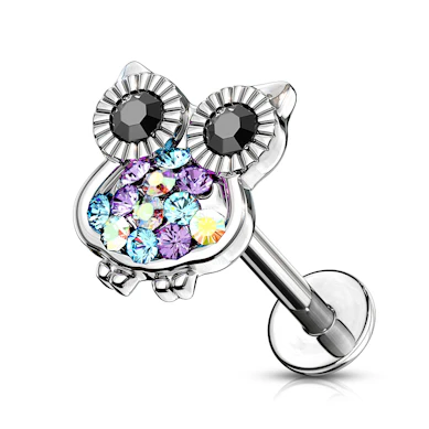 Labret met steenbezette uil met inwendig schroefdraad