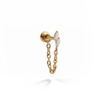 Titanium labret met twee marquisegeslepen stenen en ketting