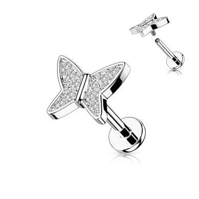 Labret met steenbezette vlinder en inwendig schroefdraad