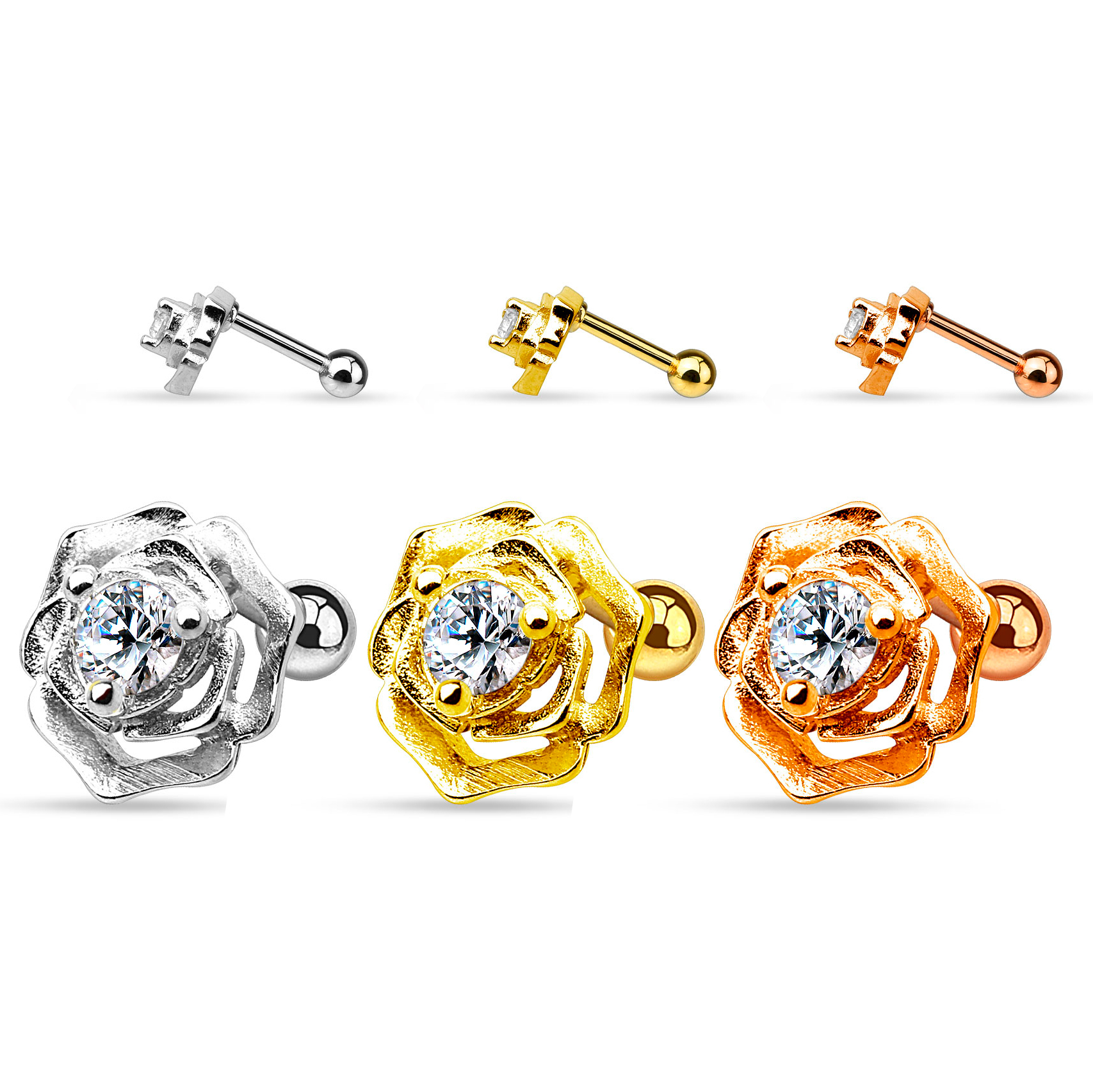 Oorpiercing met een roos en steen