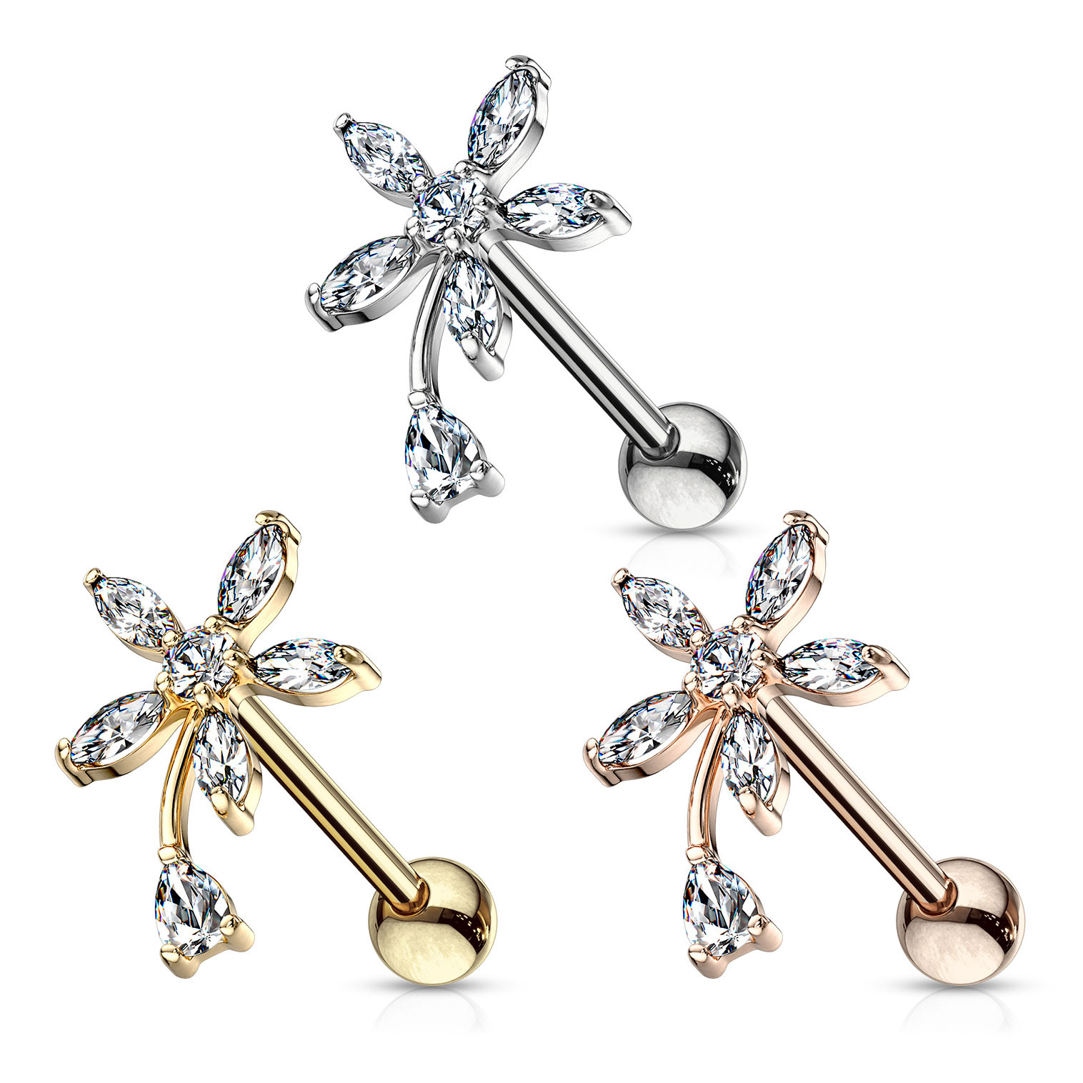 Oorpiercing met bloem en druppelvormige steentjes