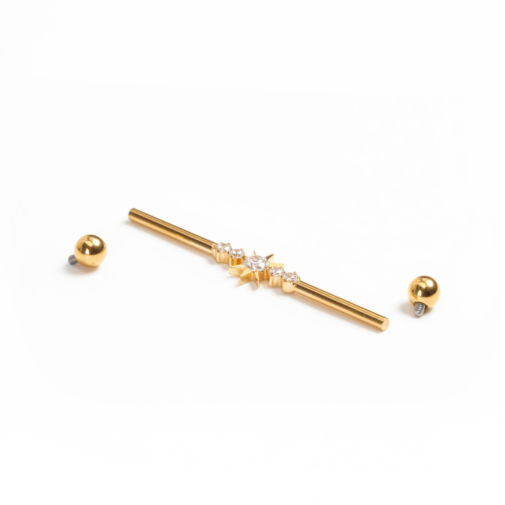 Titanium industrial barbell met centrale ster en steentjes