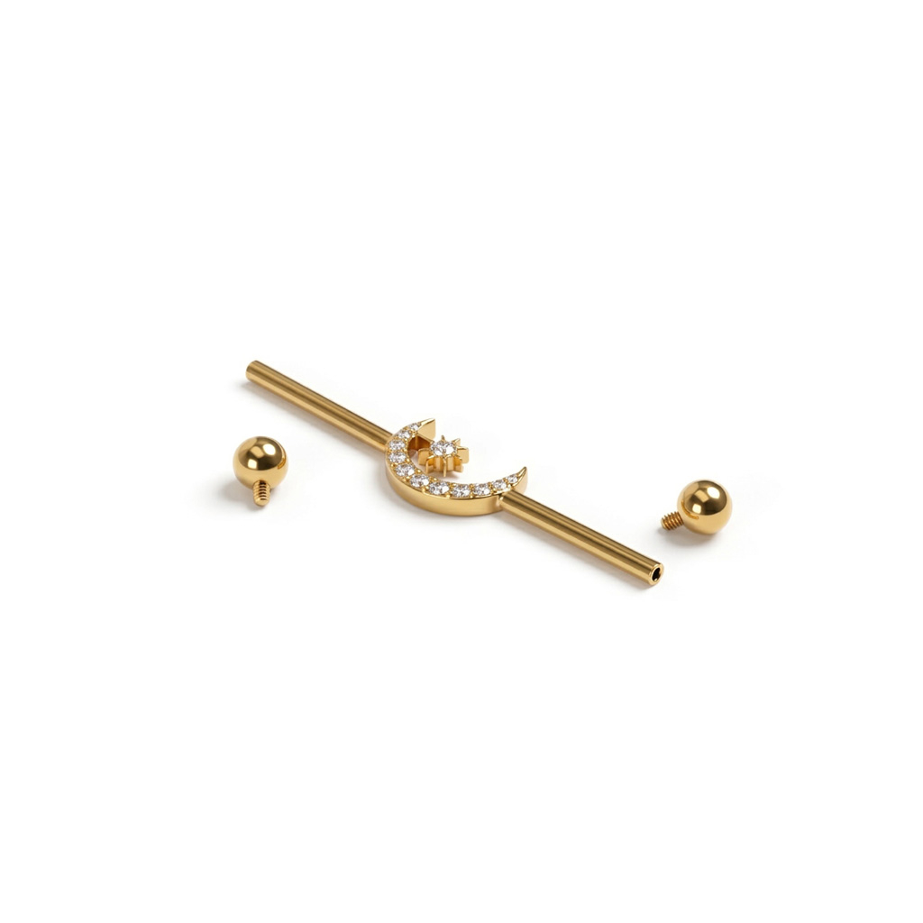 Titanium industrial barbell met centrale maan en ster
