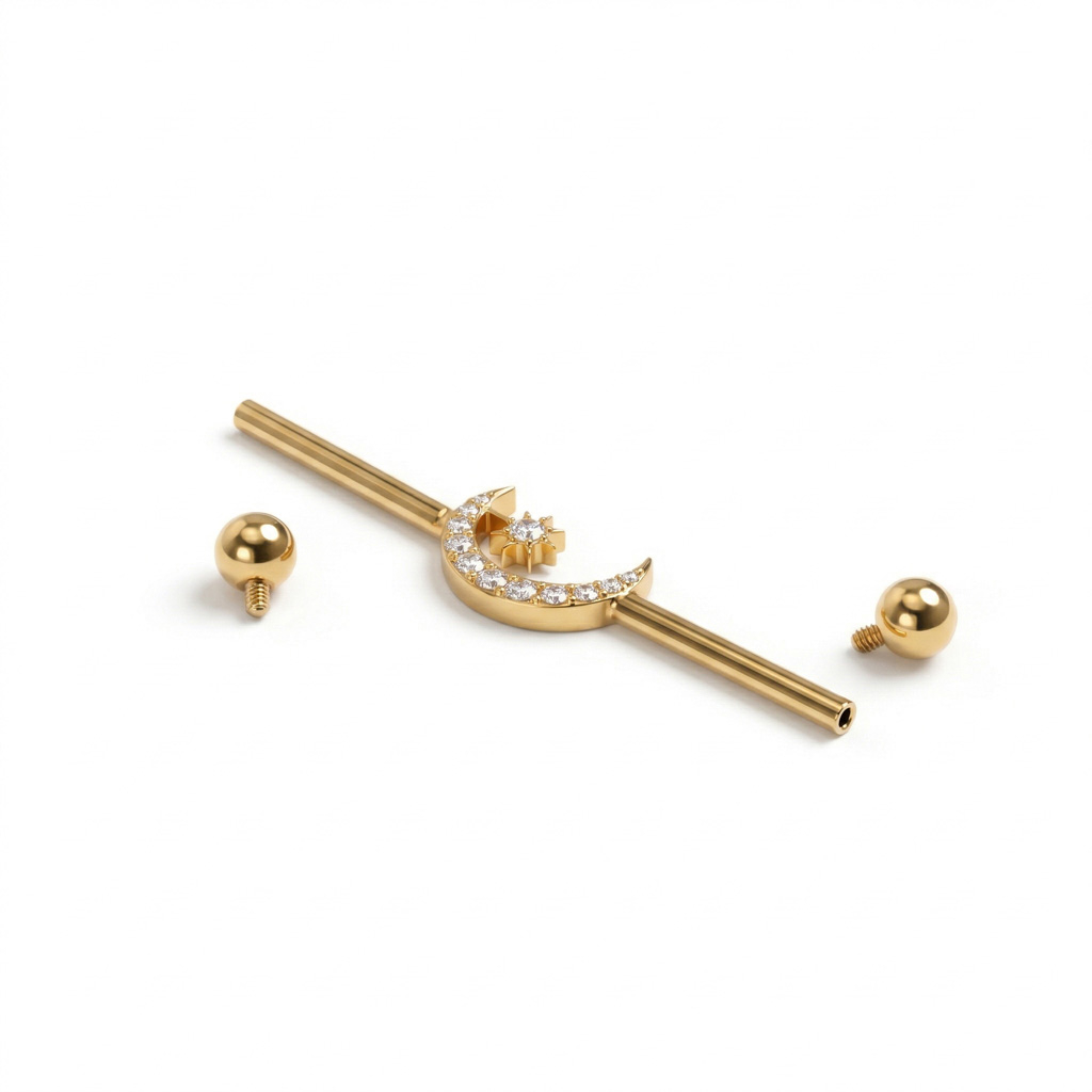 Titanium industrial barbell met centrale maan en ster