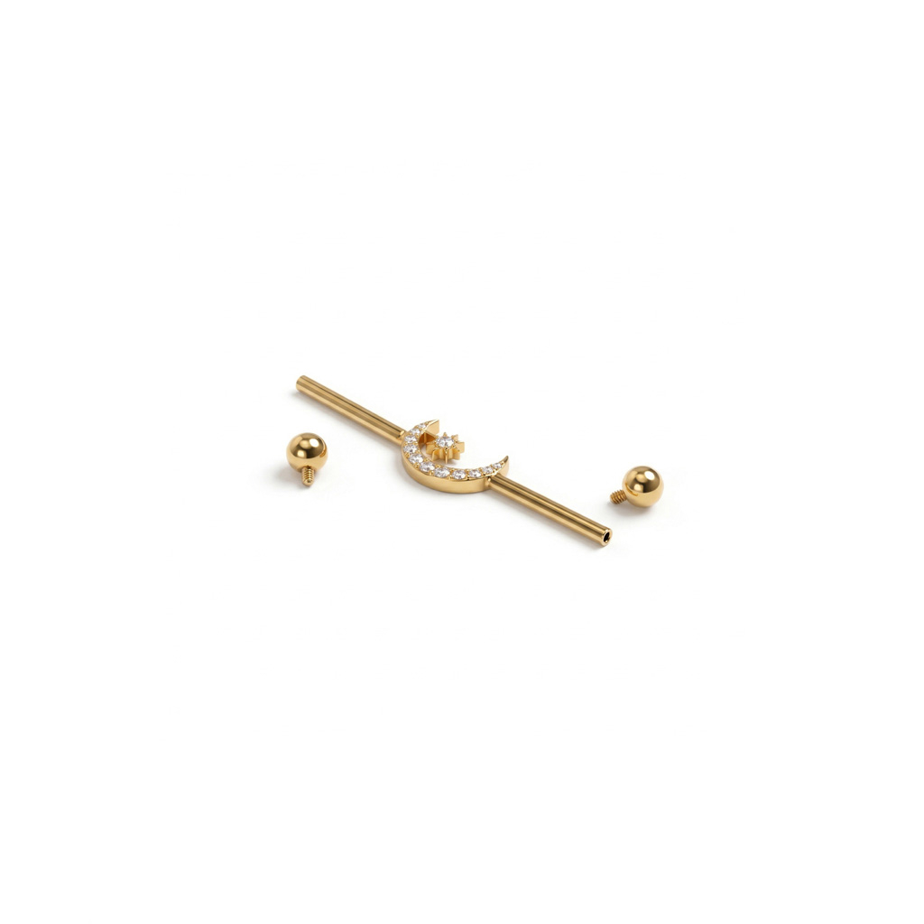 Titanium industrial barbell met centrale maan en ster