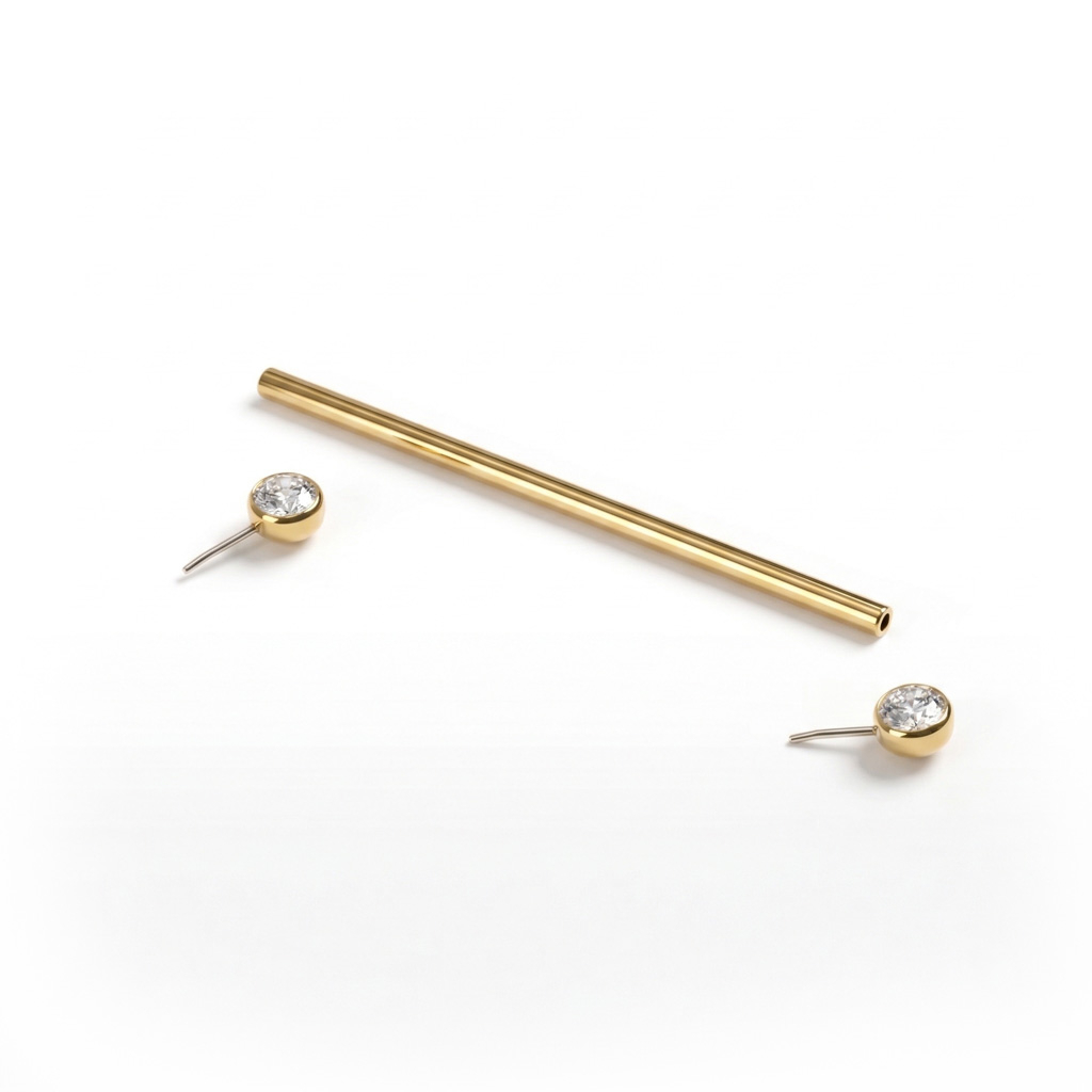 Titanium industrial barbell met stenen in bezelzetting