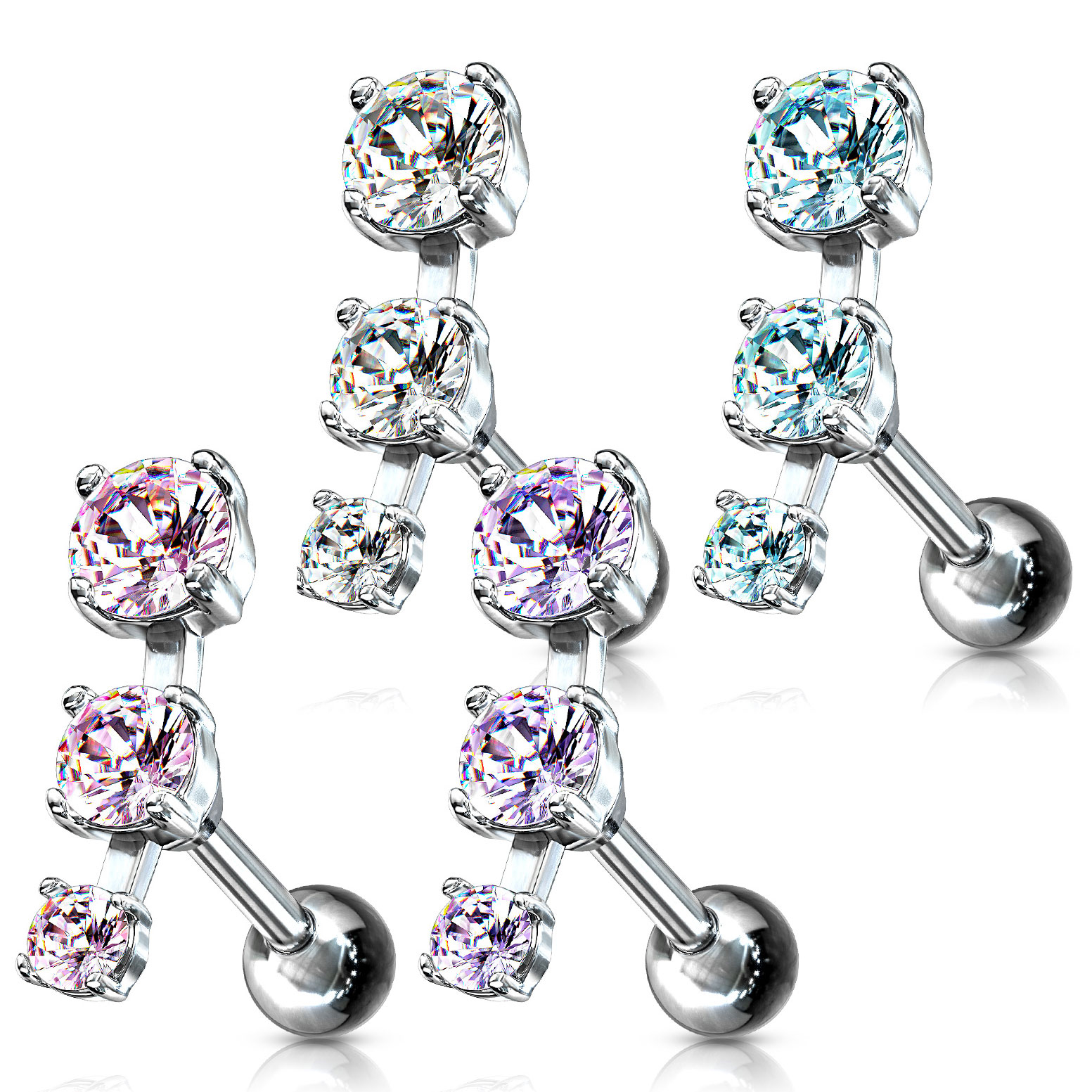 Oorpiercing met drie steentjes op een rij