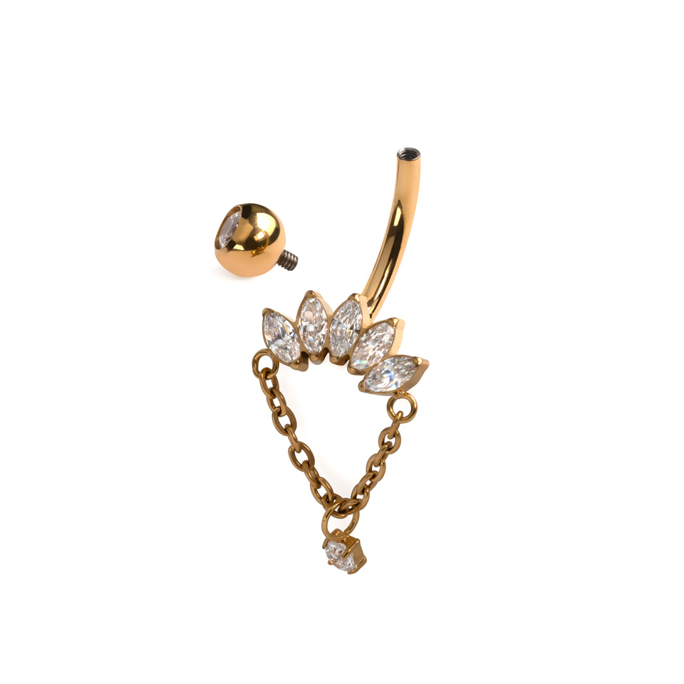 Titanium navel ring met marquise stenen en bedel aan ketting