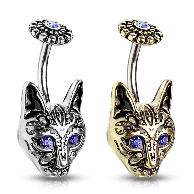 Navelpiercing met blauwogige tribal kat