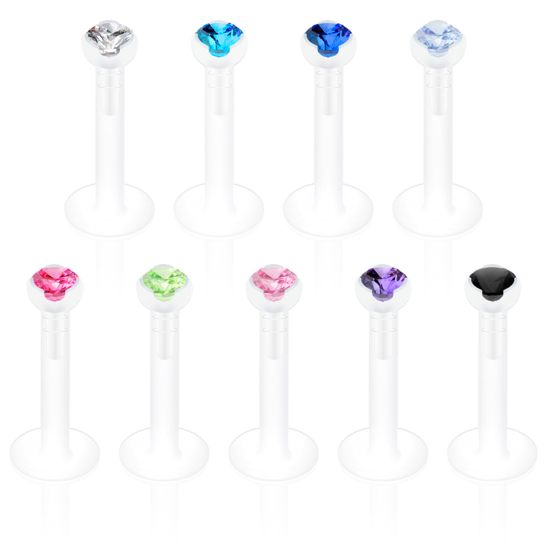Labret uit ptfe met steentjes uit verschillende kleuren
