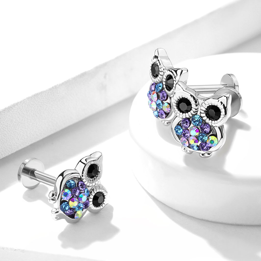 Labret met steenbezette uil met inwendig schroefdraad