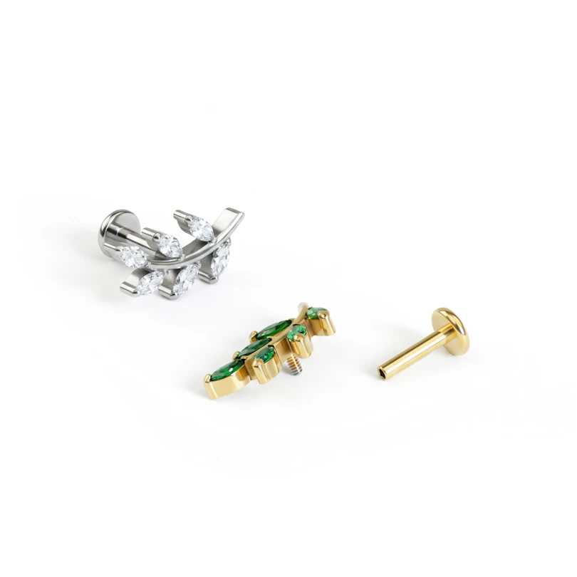 Blad labret van titanium met edelsteentjes