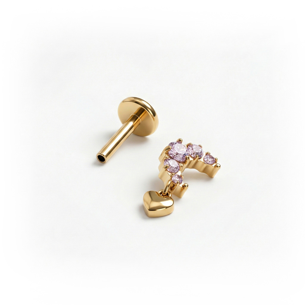 Titanium maanlabret met roze steentjes