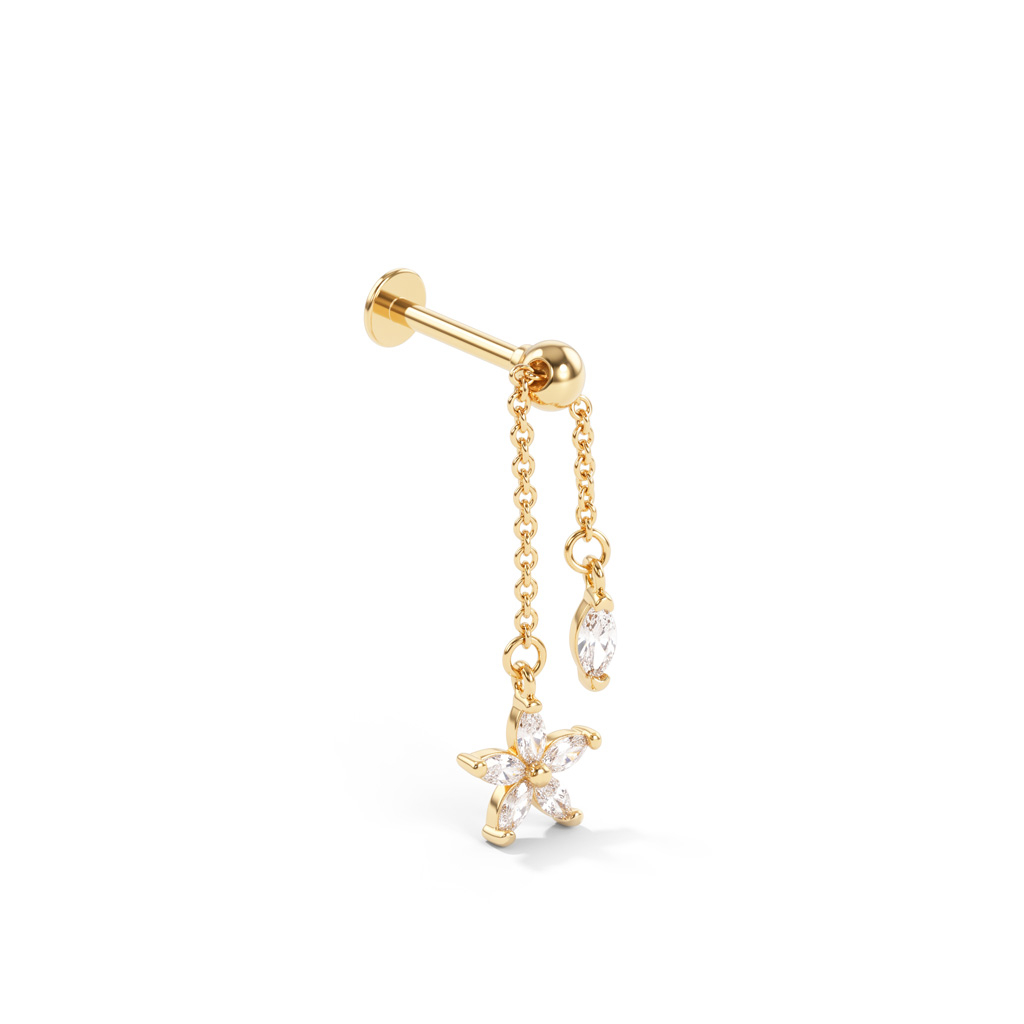 Titanium labret met beweegbare ketting en grote bloem