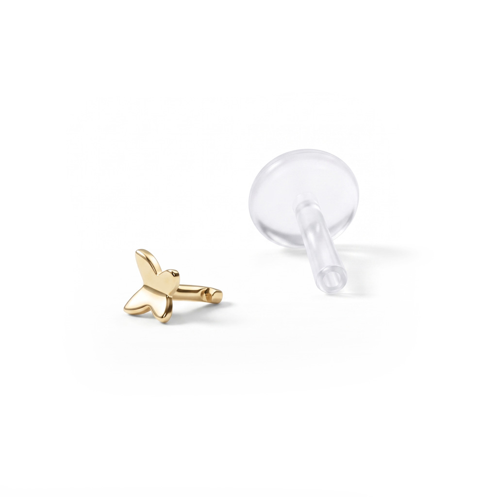 Labret met vlinder uit 14 karaats goud met ptfe staaf