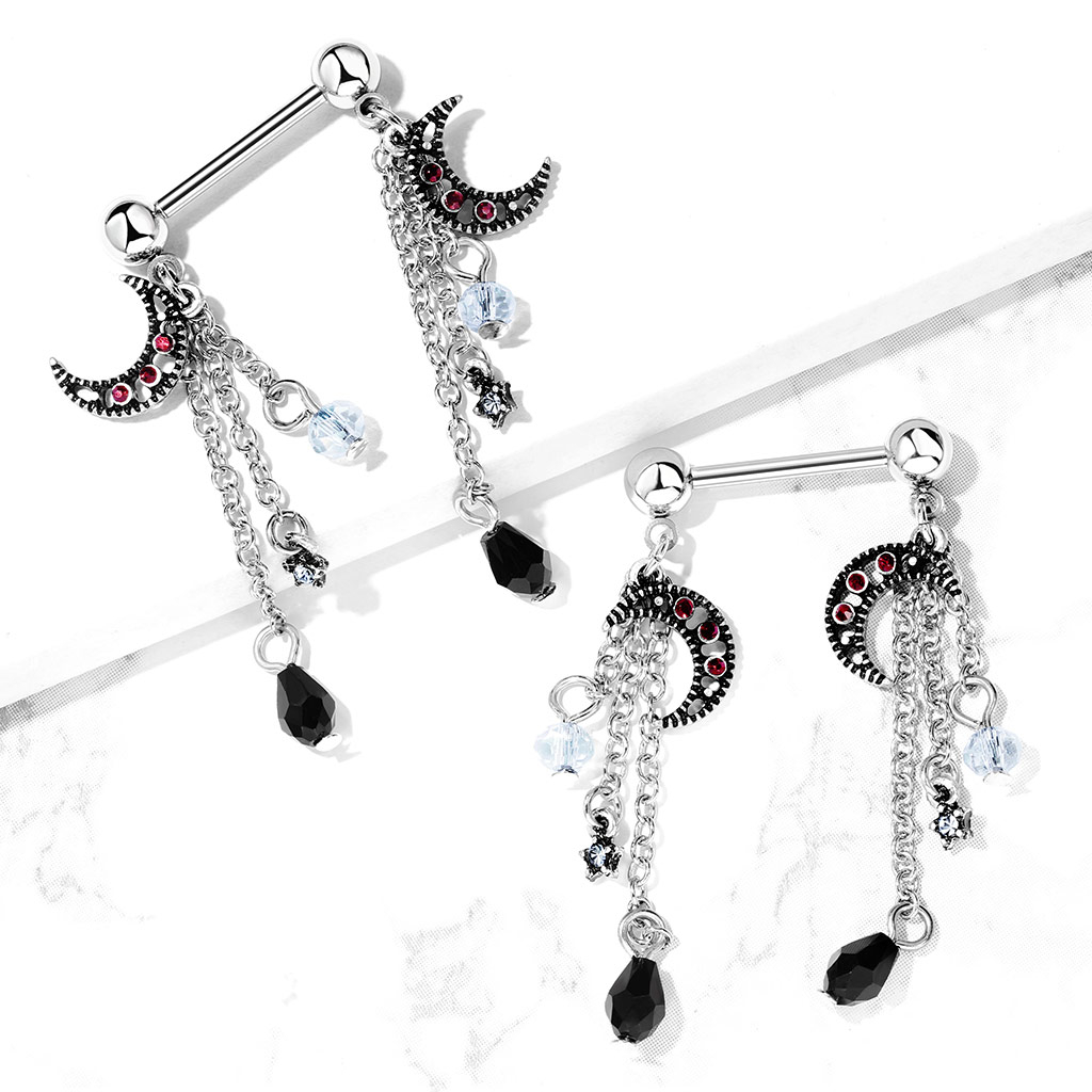 Tepelpiercing met sterren en maantjes als hanger