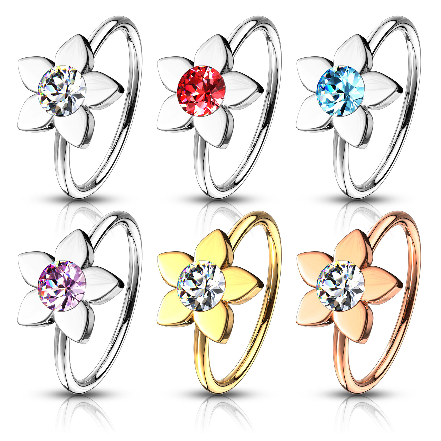 Neusring met lotusbloem en steentje