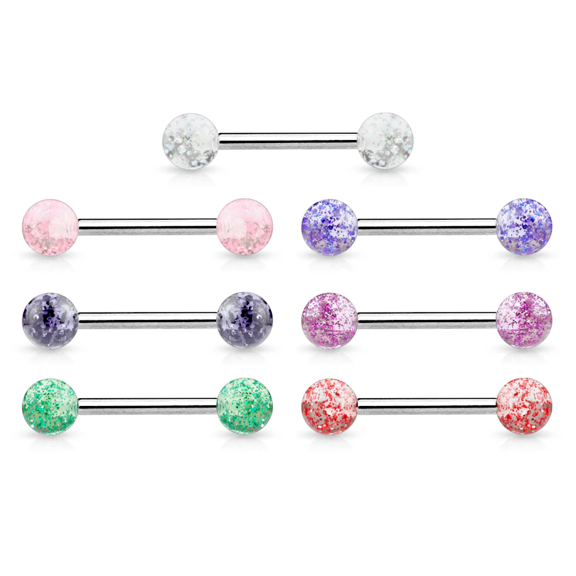 Tongpiercing uit titanium met glitterballetjes