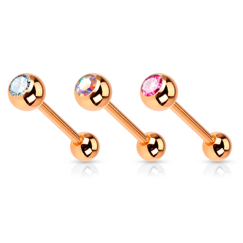 Tongpiercing met roodgouden coating en steentjes