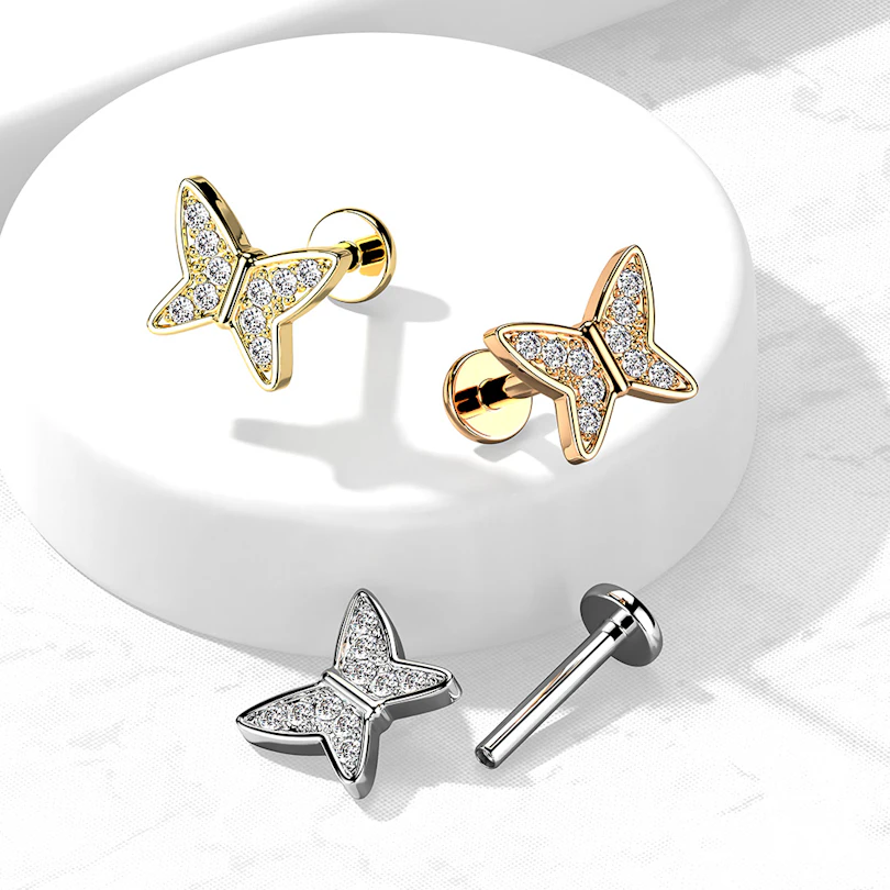 Labret met steenbezette vlinder en inwendig schroefdraad
