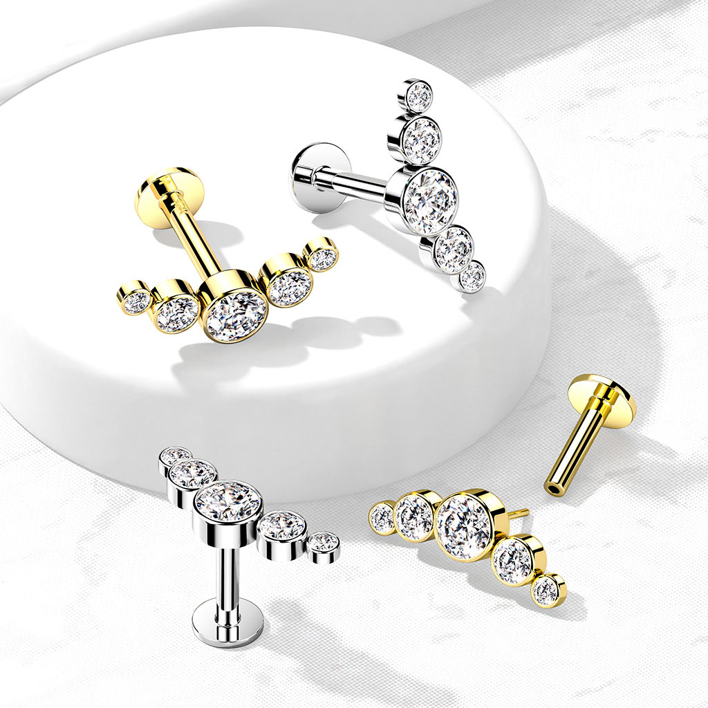 Push-in labret uit 14 karaats goud met 5 ronde zirconia stenen