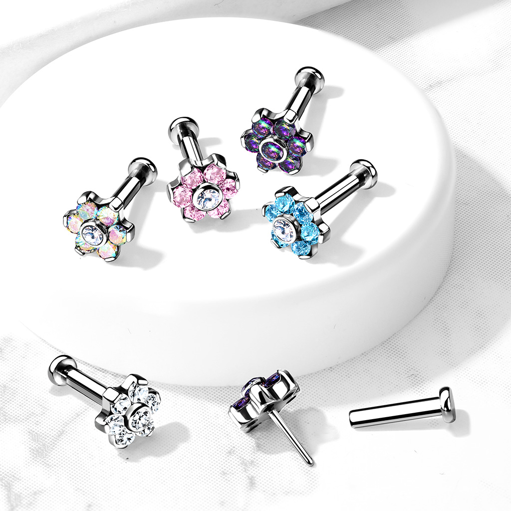 Push-in labret van titanium met bloem van steentjes